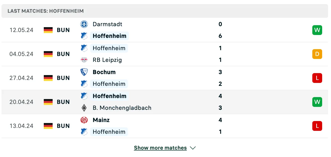 Kết quả các trận gần đây của Hoffenheim
